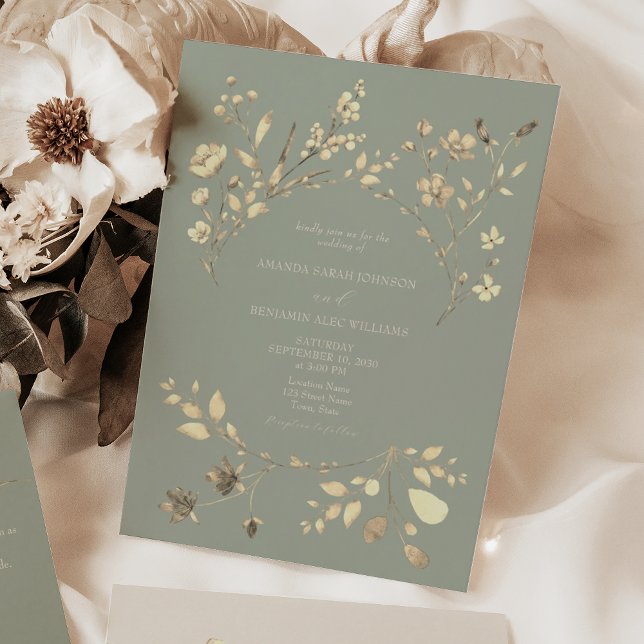 Convite de Casamento Floral em Verde Salvia e Dour (Criador carregado)