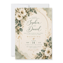 Convite de Casamento Floral em Verde Sálvia e Dour