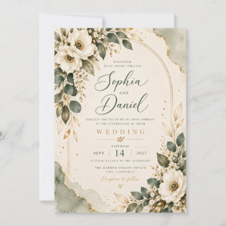 Convite de Casamento Floral em Verde Sálvia e Dour