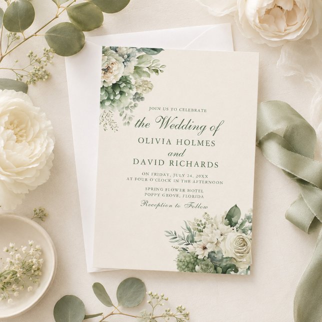 Convite de Casamento Floral em Verde Salvia e Marf (Boho Sage Green & Ivory Floral Wedding Invitation on a table with ivory flowers and ribbons)