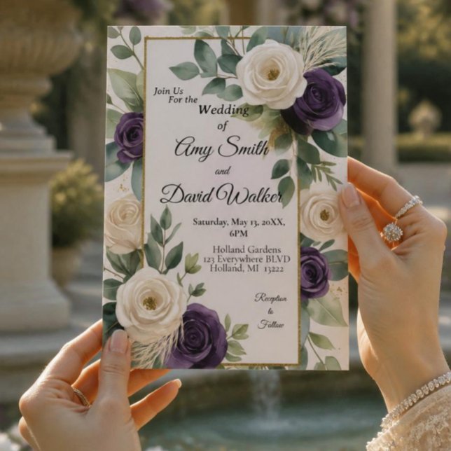 Convite de casamento floral em verde sálvia e roxo (Criador carregado)
