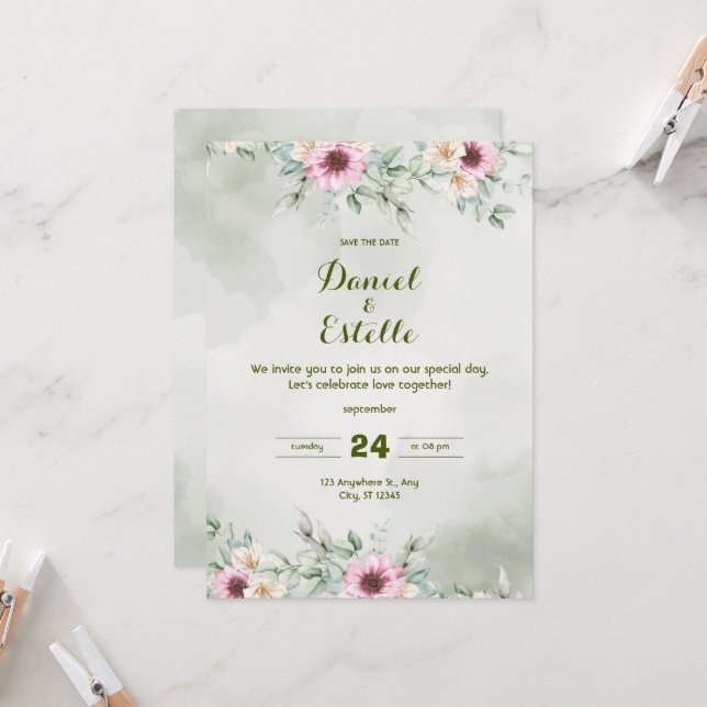 Convite de Casamento Floral em Verde Sálvia Elegan (Frente/Verso In Situ)