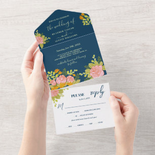 Convite de Casamento Floral Escuro Azul Marinho Bo