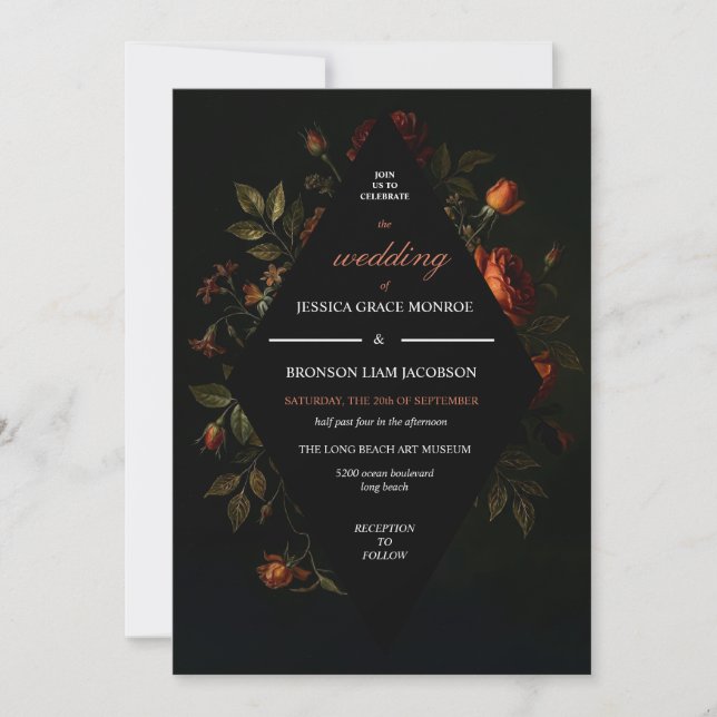 Convite de Casamento Floral Escuro Estilo Vintage (Frente)