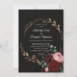 Convite de Casamento Floral Escuro Luxo Dourado Ve