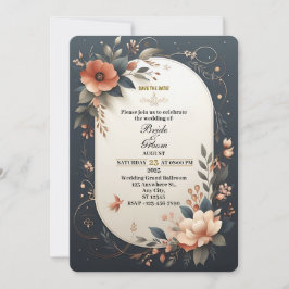 Convite de Casamento Floral Escuro Navy e Pêssego