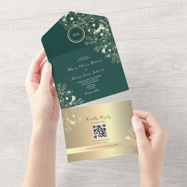 Convite de Casamento Floral Esmeralda Dourado Códi (Aba destacável)