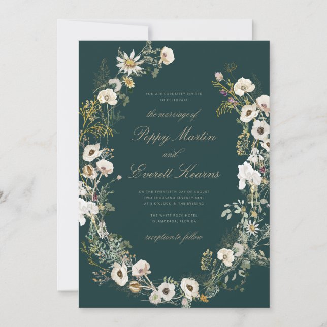 Convite de Casamento Floral Esmeralda e Creme Popp (Frente)