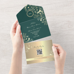 Convite de Casamento Floral Esmeralda em Ouro com 