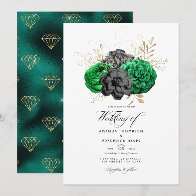 Convite de Casamento Floral Esmeralda Escuro e Dou (Frente/Verso)
