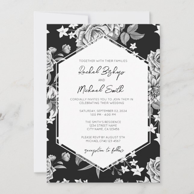Convite de casamento Floral eterno Preto e Branco (Frente)