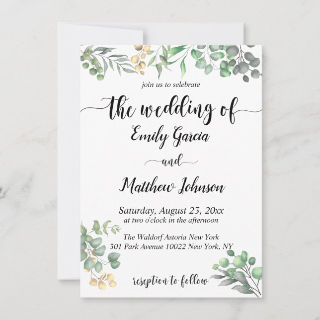 Convite de Casamento Floral Eucalipto Simples Vege (Frente)