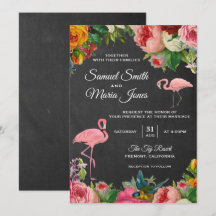 Convite de Casamento Floral Flamingo Quadro Negro