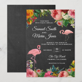 Convite de Casamento Floral Flamingo Quadro Negro