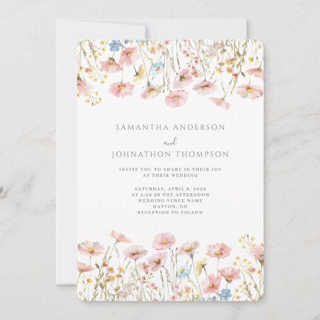 Convite de Casamento Floral Flor de Campo Rosa Beg (Frente)