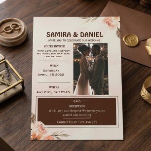 Convite de Casamento Floral Foto Marrom Elegante M