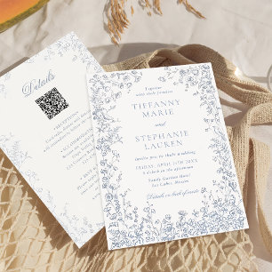 Convite de Casamento Floral Francês Azul Elegante