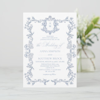Convite de Casamento Floral Francês Azul Empoeirad