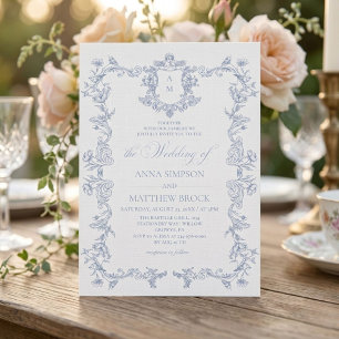 Convite de Casamento Floral Francês Azul Empoeirad
