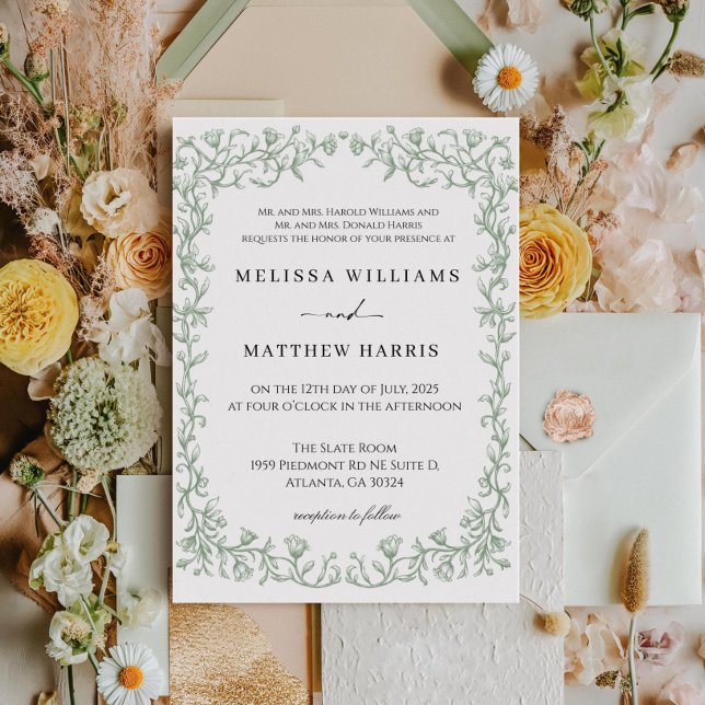 Convite de Casamento Floral Francês em Verde Salvi (Criador carregado)