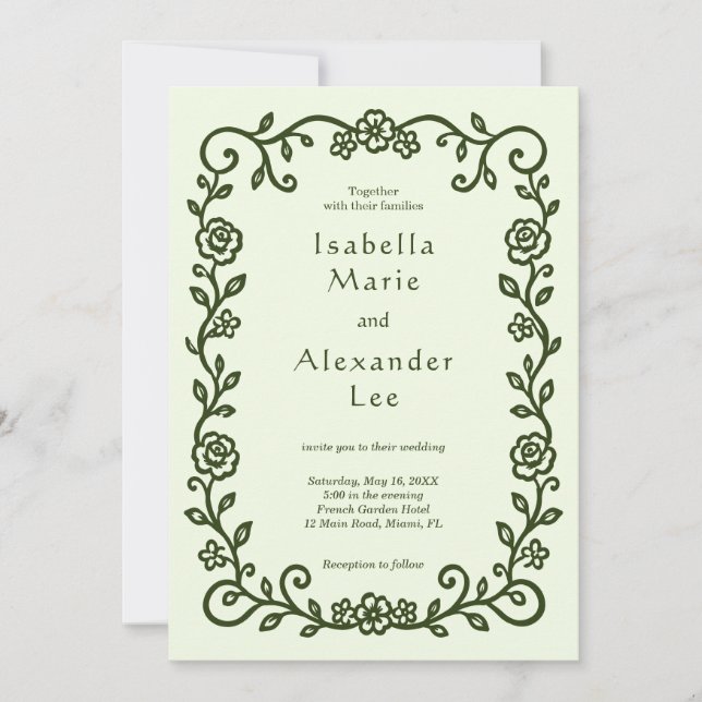 Convite de Casamento Floral Francês Ilustrado à Mã (Frente)