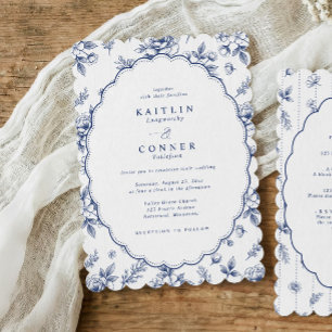 Convite de Casamento Floral Francês Oval Azul Mari