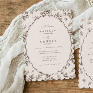 Convite de Casamento Floral Francês Oval Marrom Es