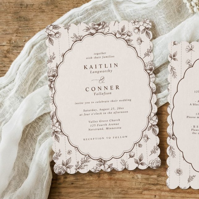 Convite de Casamento Floral Francês Oval Marrom Es (Espresso brown French floral wedding invitation with scalloped edge and cream oval frame.)