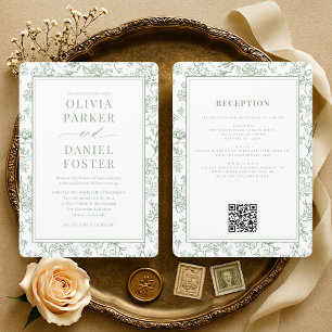 Convite de Casamento Floral Francês Verde Sage com