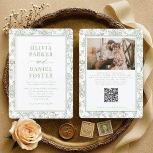 Convite de Casamento Floral Francês Verde Sage com