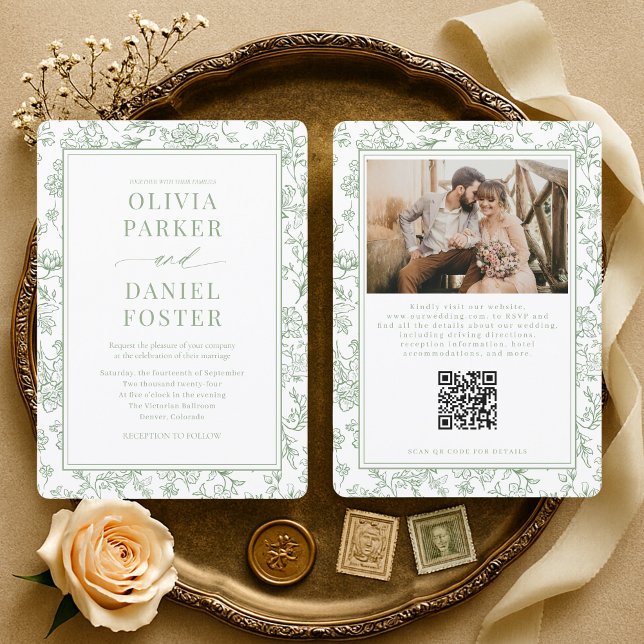 Convite de Casamento Floral Francês Verde Sage com (Criador carregado)