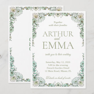 Convite de Casamento Floral Francês Verde Salva Tu