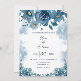 Convite de Casamento Floral Fumaça Azul Marinho