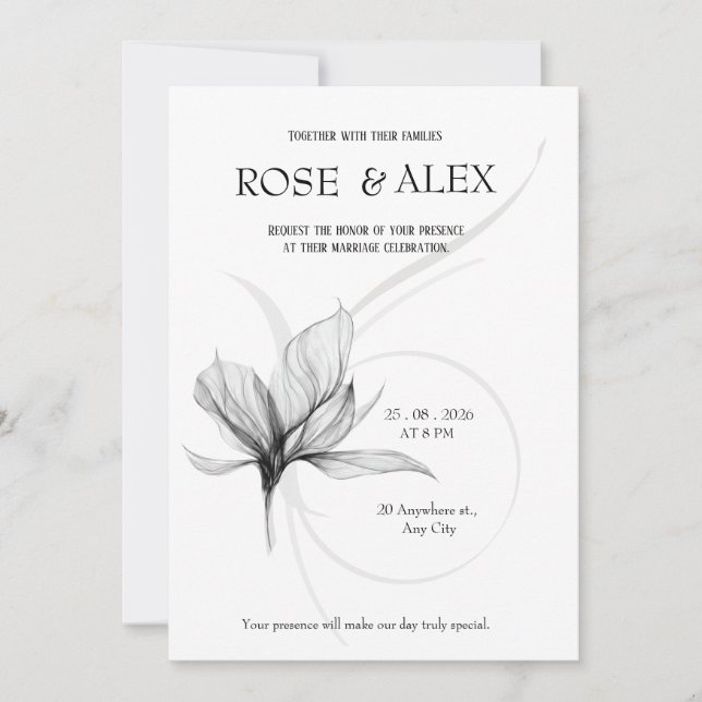 Convite de Casamento Floral Fumaça Preto e Cinza E (Frente)