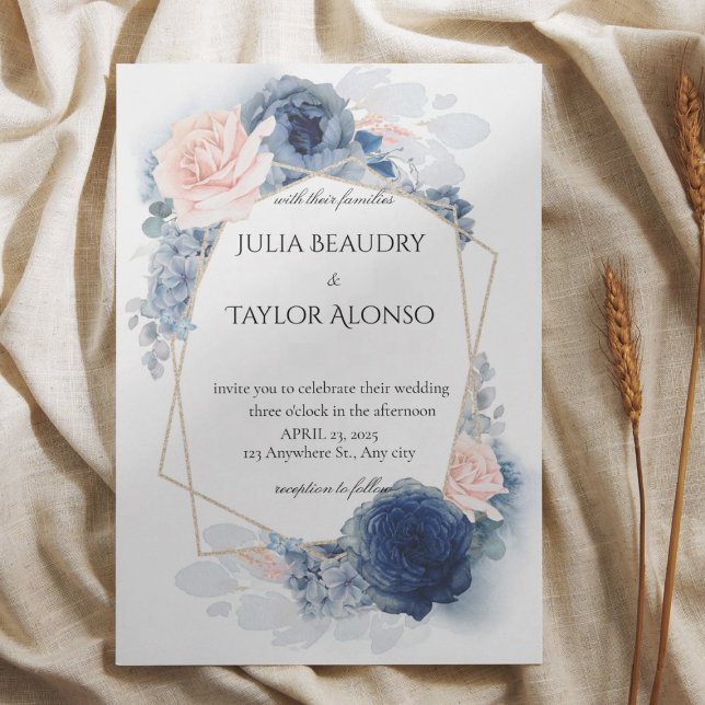 Convite de Casamento Floral Geométrico Azul Marinh (Criador carregado)