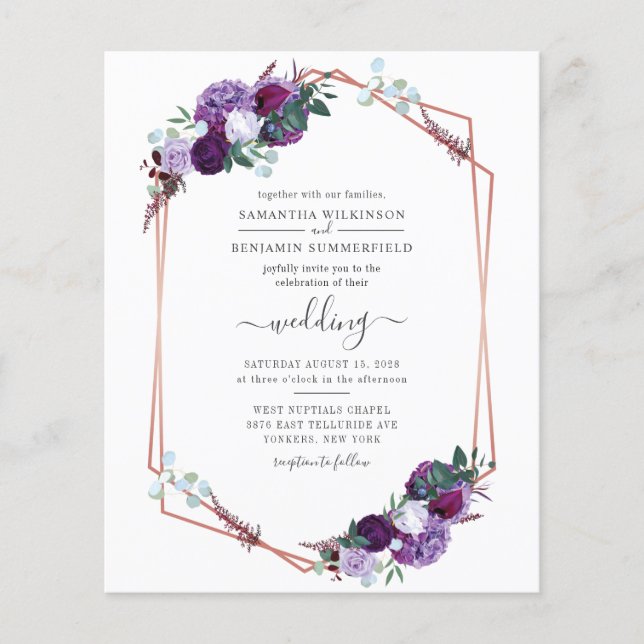 Convite de Casamento Floral Geométrico Roxo Econôm (Frente)