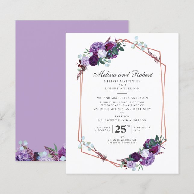 Convite de Casamento Floral Geométrico Roxo Econôm (Frente/Verso)
