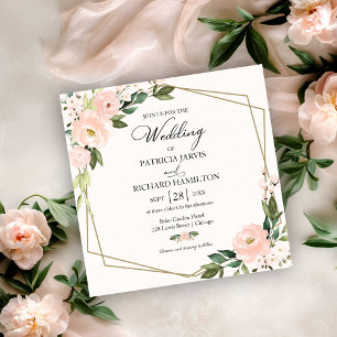 Convite de Casamento Floral Geométrico Rubor Rosa
