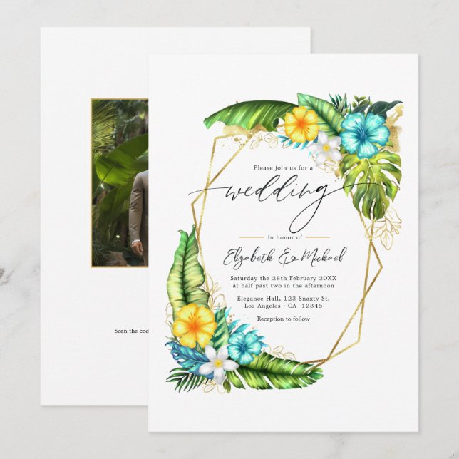 Convite de Casamento Floral Geométrico Tropical co (Frente/Verso)