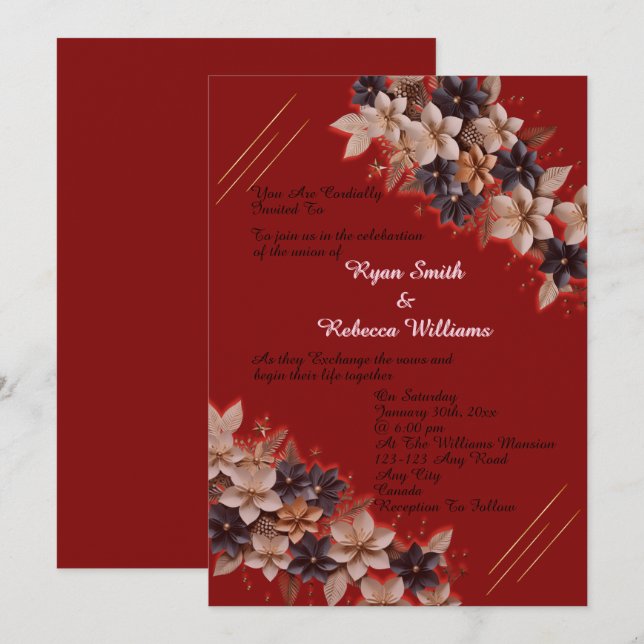Convite de Casamento Floral Geométrico Vermelho (Frente/Verso)