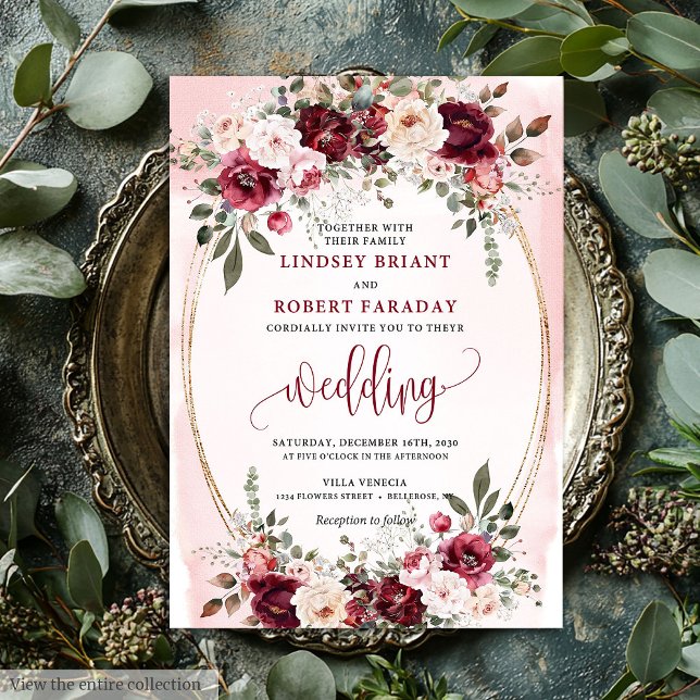 Convite de Casamento Floral Glam Boho Vermelho Esc (Glam Boho Dark Red Gold Floral Wedding Invitation)