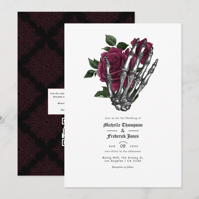 Convite de casamento Floral Gótico em Borgonha com (Frente/Verso)
