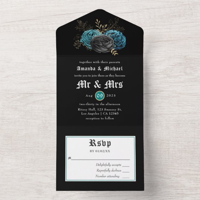 Convite de Casamento Floral Gótico em Verde Água e (Interno)