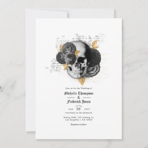 Convite de Casamento Floral Gótico Preto e Dourado
