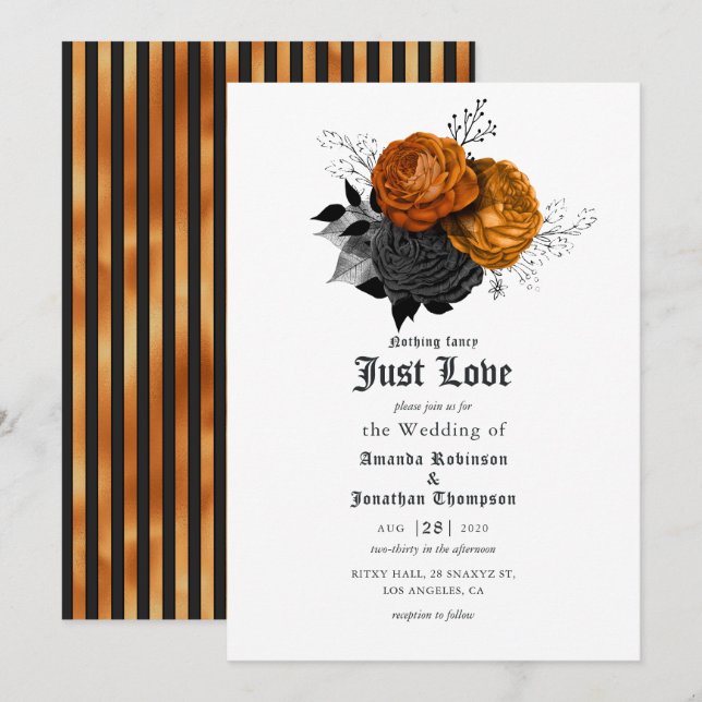 Convite de Casamento Floral Gótico Preto e Laranja (Frente/Verso)