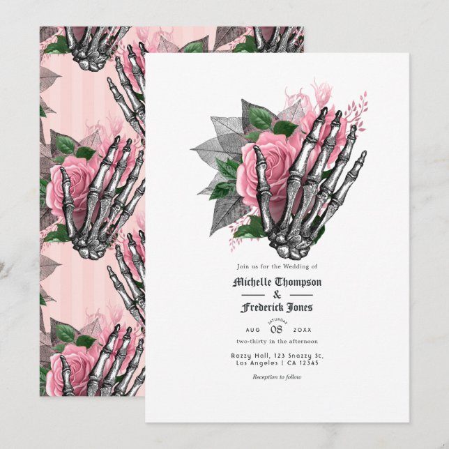 Convite de Casamento Floral Gótico Rosa com Código (Frente/Verso)