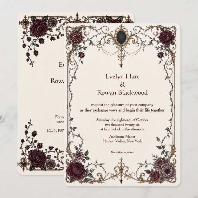 Convite de Casamento Floral Gótico Vitoriano Escur (Frente/Verso)