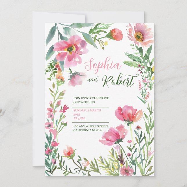 Convite de Casamento Floral Greenery Rosa Dourado  (Frente)