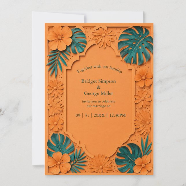 convite de casamento floral Havaí com corte falso  (Frente)