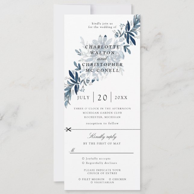 convite de casamento floral índigo com rsvp anexad (Frente)